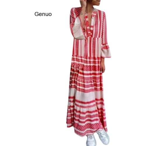 Genuo Dress Women Printed V Neck Straight Long Sleeve Beach Party Bohemian Dignified Noble Popular Long Dress Summer