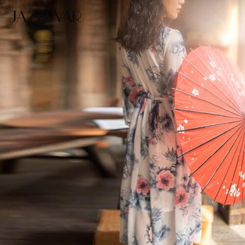 JAZZEVAR 2021 Summer New Womens Vintage Floral Print Chiffon Dress Female National Style Chinese Cheongsam Lady Long Dresses