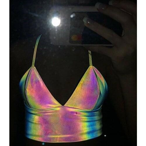 1PC Women V Neck Sexy Holographic Bralette Crop Top Strap Reflective Fashion Camis Hot Summer Club Sleeveless Backless Tank Tops
