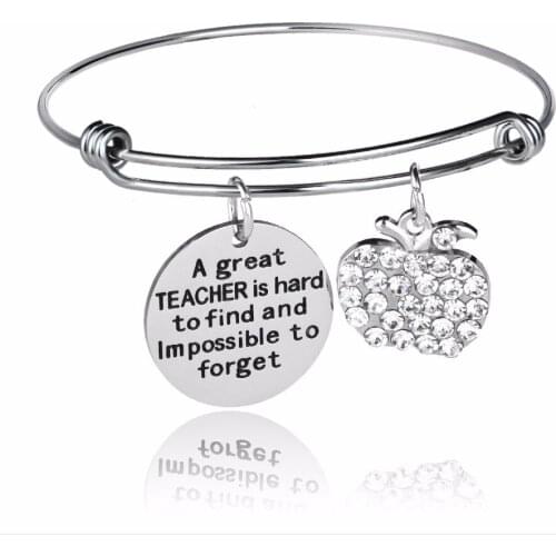 12PC/Lot Teachers Bangles A Great Teacher Is Hard To Find Crystal Apple Charm Stainless Steel Bracelet For Teacher Jewelry Gifts