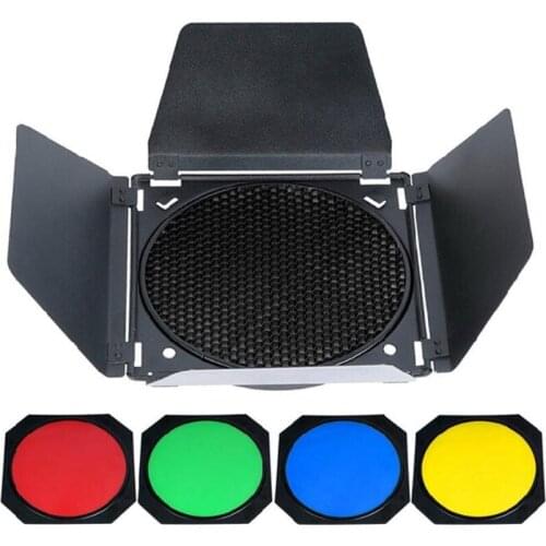 Studio Flash Accessories Godox BD04 BD-04 Universal Mount Barn Door+Honeycomb Grid+4 Color Filter For Standard Reflector