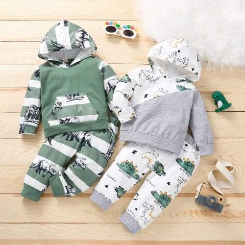 Children Dinosaur Print Autumn Clothes Set Boys Cotton Long Sleeve Hooded Tops + Elastic Waist Trousers Casual Tracksuit