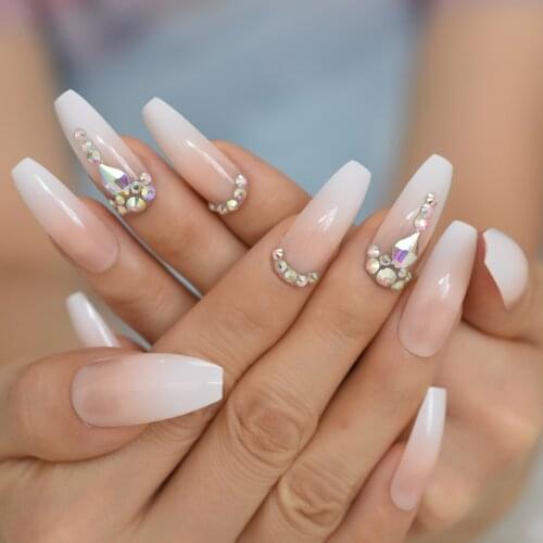 Long Artificial 3D Fake Nail Rhinestone Natural Weeding Girl Nail Stickers French False Nail Tips