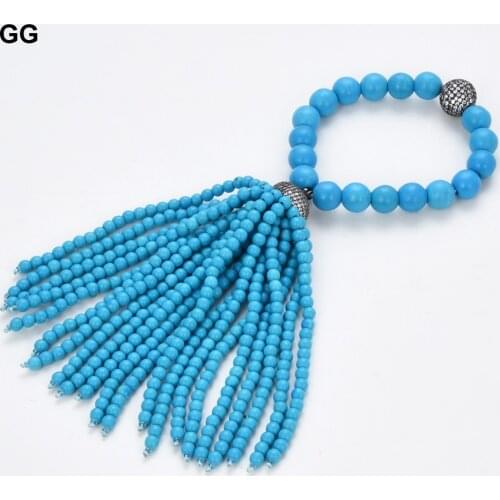 GG Jewelry Round Blue Turquoises Bracelet Cubic Zirconia CZ Pave Turquoises Tassel Stretch Bracelet Adjustable