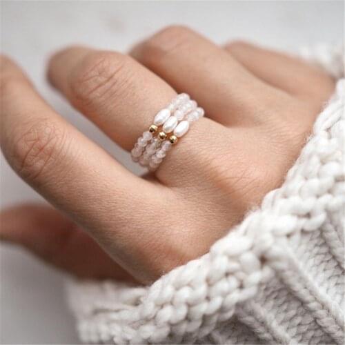 Freshwater Pearl Ring Set Stainless Steel Bead Natural Stone Glass Ring for Women Girls Wedding Party Gift Adjustable