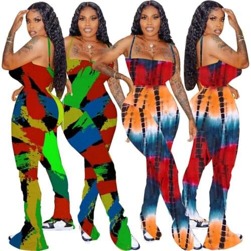 Summer New Style Womens Printed Pleated Slit Micro Horn Sling Jumpsuit