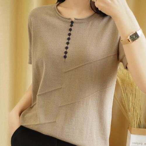 Summer new style ladies blouse O-neck knitted short-sleeved buckle ladies T-shirt short-sleeved pullover ladies clothes