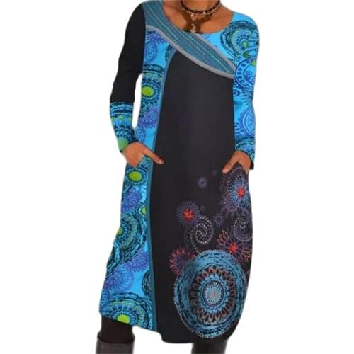 Hot Sale 2021 Autumn Hedging Print Ethnic Dress Women New Fashion Splice O-Neck Long Sleeve Pockets Mid Dresses Female Vestidos