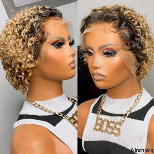 Honey Blonde Pixie Cut Wigs Preplucked Ombre Bob Lace Front Wigs T Part Short Curly Human Hair Wigs Pixie Wig For Black Women