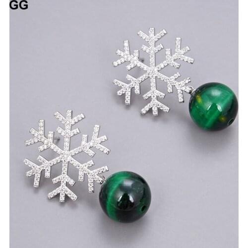JK Natural Green Round Tiger eye Cz pave Snowflake Earrings