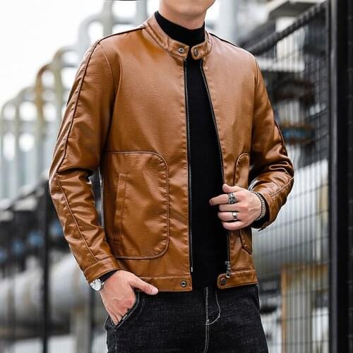 2022 Mens New Fleece-Lined Thickened Handsome PU Leather Coat Youth Slim-Fit Trendy Stand Collar Motorcycle Leather jackets