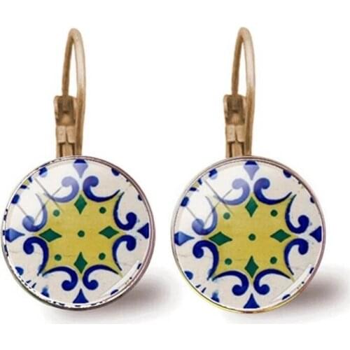 Portugal Tile Graphic Earrings Mandala Portuguese Flower Earrings For Female Girls Birthday Gifts Temperament Jewelry