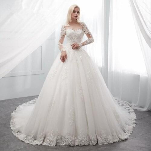 Luxury Mermaid Lace Princess Bridal Gown Plus Size Tulle Appliques Long Sleeves A-Line Bride Wedding Dresses Vestido De Noiva