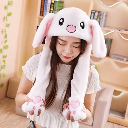 Moving Ears Airbag Hat Cute Cartoon Rabbit Soft Girls Plush Toy Kids Birthday Gift Adult Bunny Ear Hat jumping up Funny Toy Cap