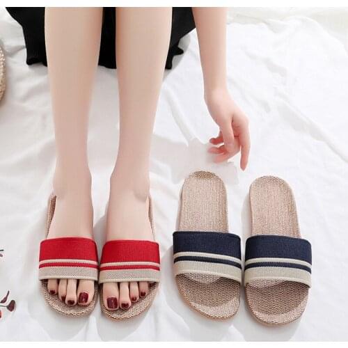 Multi Colors Summer Flax Slippers Women Men Casual Linen Slides Non-Slip Home Flip Flops Indoor Shoes Unisex Sandals Beach