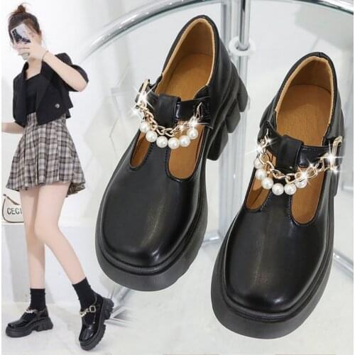 Fashion Patent Leather Mary Jane Shoes Women Metal Chain Crawlers Shoes Autumn Chunky Platform Ankle Strap Student Jk Shoes