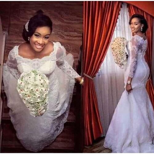 African Women Full Lace Mermaid Wedding Dresses Long Sleeves Bridal Gowns Custom Made Plus Size Bride Dress Vestidos de novia