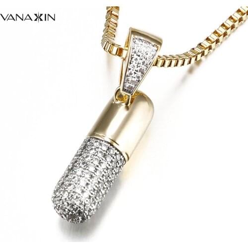 Keepsake Crystal Capsule Pendant Necklace for Men/ Women Gold Color Jewelry Hip Hop Necklace