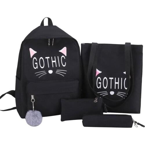 Backpack Women Large Capacity Fashion Simple School Backpack Girl 4Pcs Cat Canvas Hand Crossbody Bag Pencil Case Package