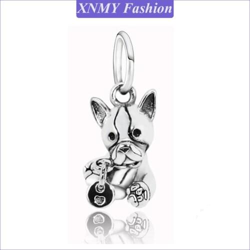 XNMY Fashion Silver Color European Cute Animal Bulldog Puppy Dog Dangle Charm Fit Original Pandora Bracelets Women DIY Gift