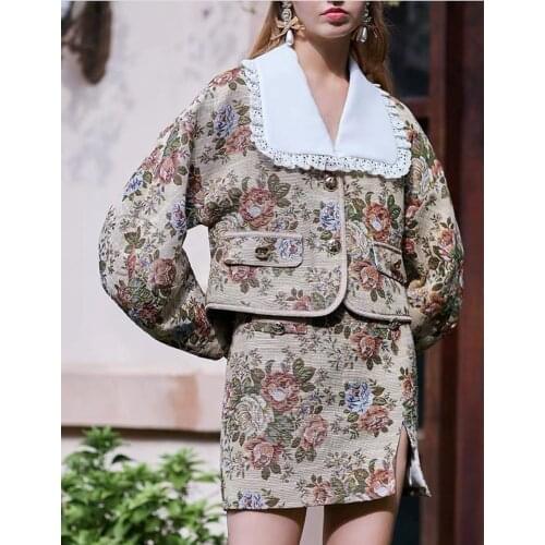 Retro Baroque Floral Jacquard Brocade Cropped Jacket Rose Peony Embroidery Gold Embossed Button Texture Tan Cotton Short Uniform