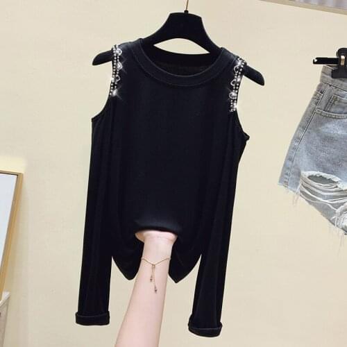 Off Shoulder Beaded Solid Women T-Shirts Summer New Long-Sleeved Slim Knitted Female Pulls Tops Tees