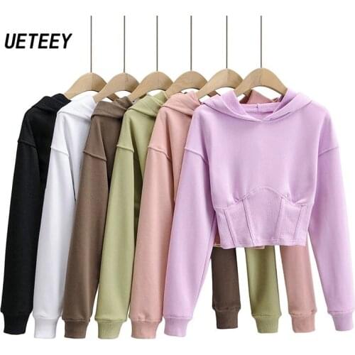 Womens Hoodies Sweatshirts Purple Cropped Tops Hoody Pink Sweatsport Female Long Sleeves Slim Pullover Casual Spring Solid Chic