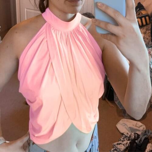 Pink Sexy Halter Cross Over Front Women Backless Crop Top Bandage Vest Summer Casual Streetwear Camis Women Tank Tops Clothes
