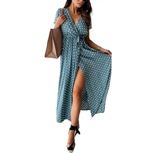 Polka Dot Maxi Dress Women Split V Neck Summer Beach Sundress Short Sleeve High Waist Boho Vestidos