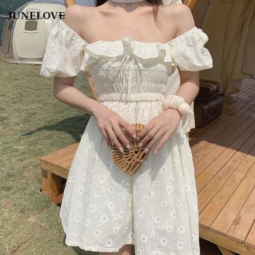 JuneLove French Summer Dress Women White Puff Sleeve Korean Style Fairy Dress Lace Chiffon Kawaii Elegant Vintage Dress Vestidos