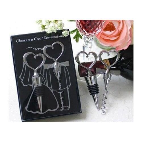 Heart Shape combination Couple wine bottle opener corkscrew and Stopper Set Wedding Souvenirs for guest 100pcs(50sets)/lot