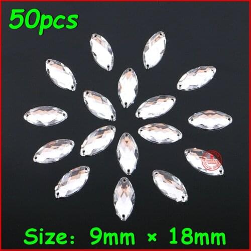 50pcs/lot 9mm*18mm Horse Eye Crystal Stone Sew On Rhinestone 2 Holes Sliver Flatback Acrylic Jewelry For Wedding Dress Clothes
