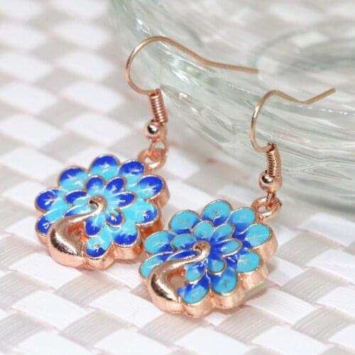 Free shipping hot sale lovely 18mm carved peacock rose gold-color cloisonne drop dangle earrings for women clothes jewelryB2574