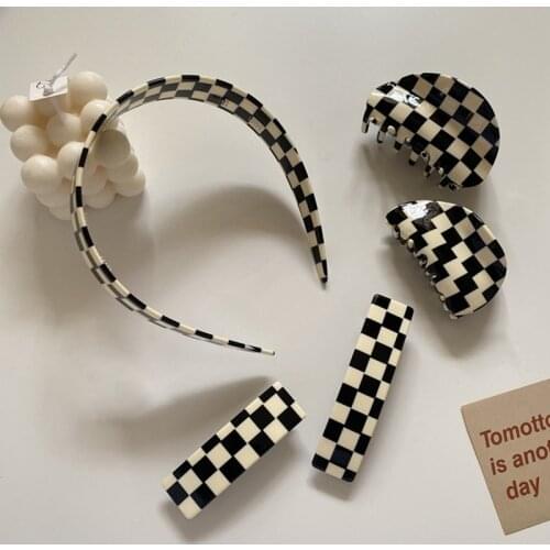 Black And White Grid Series Hair Claw Large Geometric Arcylic Shark Hair Clamps Side Bangs Hair Clips For Girls Fashion Headband