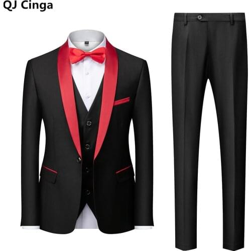 Black Wedding Party 3 Piece Set Men Plus size S-5XL 6XL Men Blazer Coat Pants and Vest Fashion Slim Male Suits Blue Red Gray