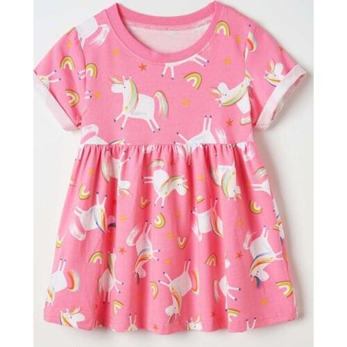 Unicorn Girls Kids Pink Dress Brand Summer 100% Cotton Short Sleeve Infant Bebe Children Casual One-piece Baby Girl Clothes Tops