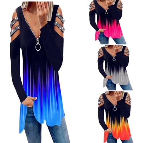 Women Tees Female 2021 Big Large Off Shoulder Summer Spring Zipper Boho Sexy Casual Tops Femme Full Sleeve T Shirts Plus Sizes