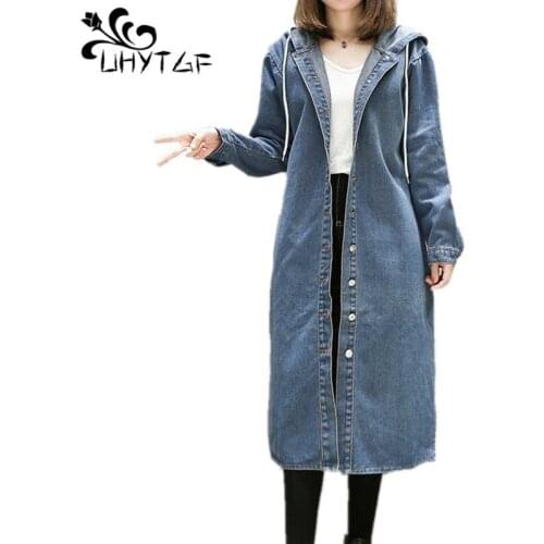 UHYTGF Solid Hooded Collar Jean Jacket for Women Loose Casual Blue Fashionable Women Coats Female outwear Denim Feminine X142