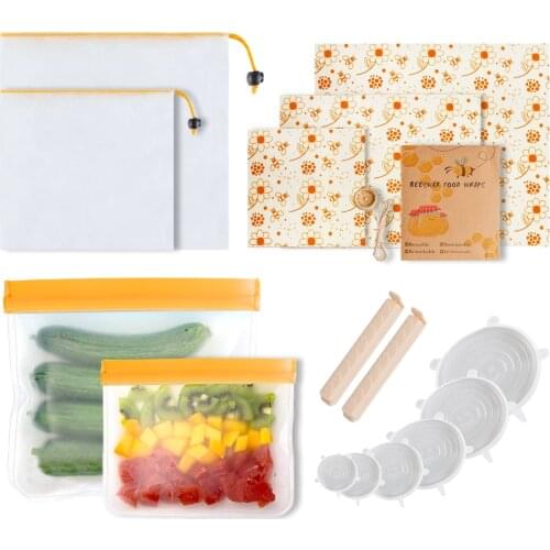 Beeswax Wraps+ Reusable Food Storage Bag+ Silicone Lids+ Food Sealing Clip Eco-Friendly Vegetable Food Preservation Storage Box
