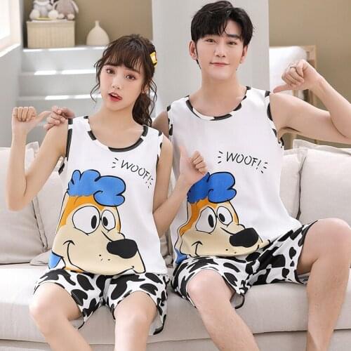 Letter&Cartoon Couples Lovers Vest Pants Pajamas Sleeveless Vest Pyjamas Boy Girl Undershirt Mans Womans Sleepwear 6535 Cotton