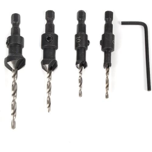 HOEN 4pcs Hex Shank Screw Woodworking Industrial Countersinks Bit HSS Counter Sink Bits Wood Countersink Power Tool Bit Set