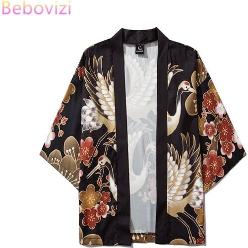 2020 New Loose Fashion Black Crane Summer Beach Cardigan Harajuku Japanese Kimono Style Women Men Tops Shirts Asian Clothes