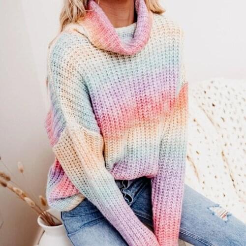 Tie Dye Turtleneck Women Knitted Sweater Ladies Rainbow Pullovers Oversized Casual Tops Female Long Sleeve Loose Sueter Mujer