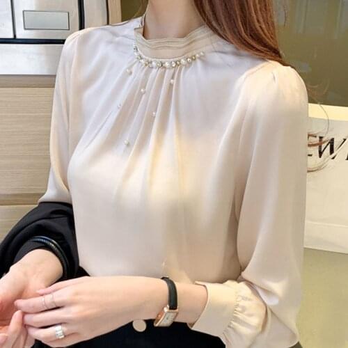Long Sleeve Blouse Women Blusas Mujer De Moda 2021 Beading Stand Collar Chiffon Blouse Shirt Blusa Womens Tops And Blouses D537