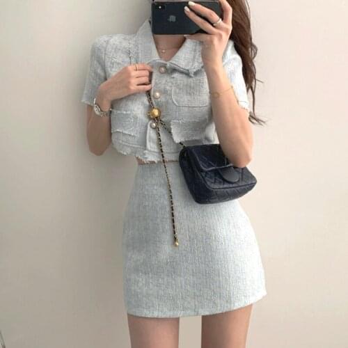 2021 Summer Women Stylish Turn-down Collar Pockets Button Short Jacket Coat+High Waist Bodycon Mini Skirt Two Piece Set