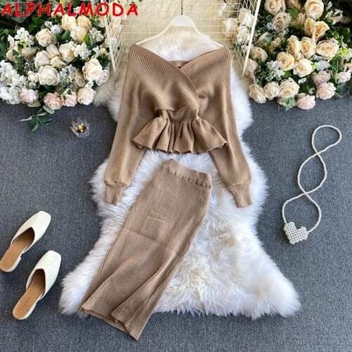 ALPHALMODA New Sparkling Bat-sleeve Sweater Skirt Suit 2020 Womens V-neck Sexy Ruffled Jumper Pencil Skirt 2pcs Fashion Set