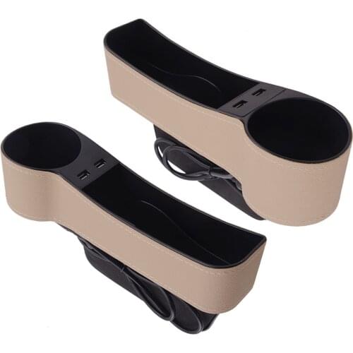1 Pair Console Left & Right Side Beige Universal Car Seat Slit Storage Box Organizer Pocket with 2 USB Ports