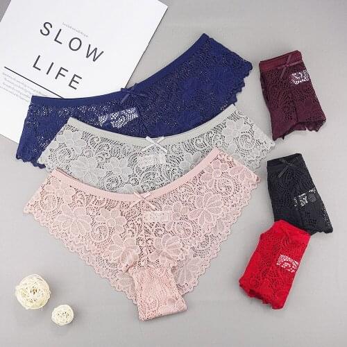 3pcs/lots Sexy Tangas Transparent Panties Lace Panties Low Rise Thongs Women String Seamless Hollow Intimate Girls Underpants
