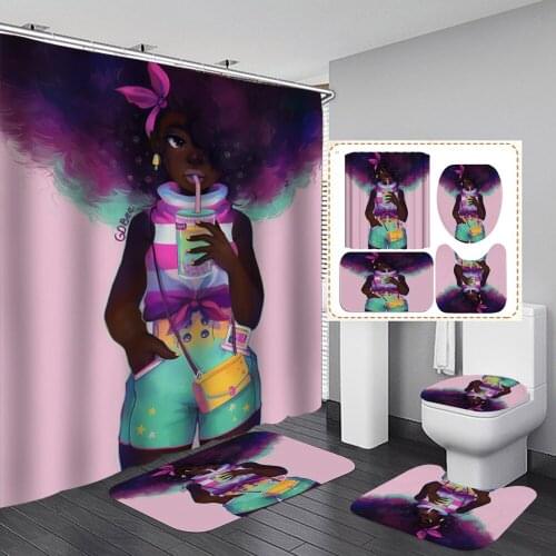 3D African American Cute Loli Bathroom Shower Curtain Set Afro Sexy Black Girl Bath Curtains Non-Slip Rug Toilet Seat Cover Mats