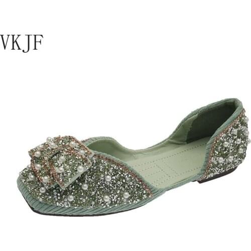 Sequin Ballet Dress Womens Shoes with Bow Pearl Rhinestone Decoration Flat Bhottom Square Toe Shallow Ladies Shoes 2021 Summer